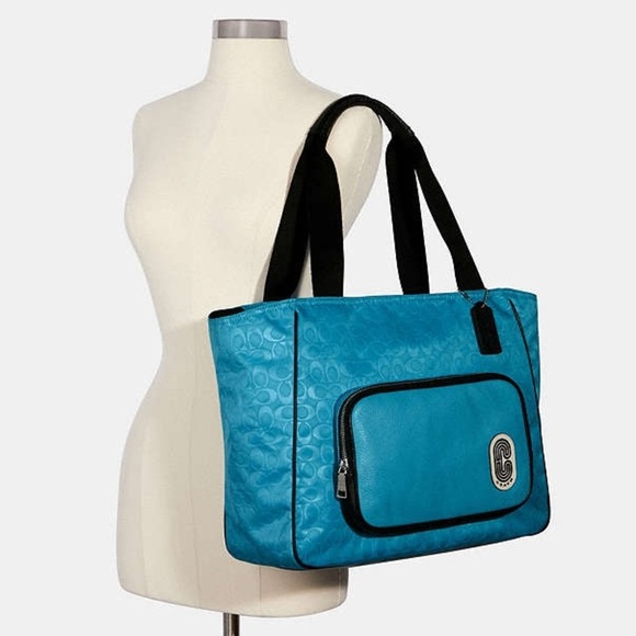 COACH Court Tote Bag Signature C Nylon Pebbled Leather With Patch Blue Black - Picture 2 of 16